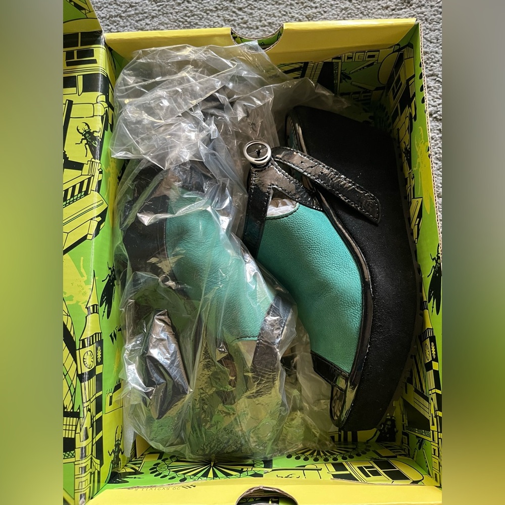 Fly London Turquoise and Black Wedges